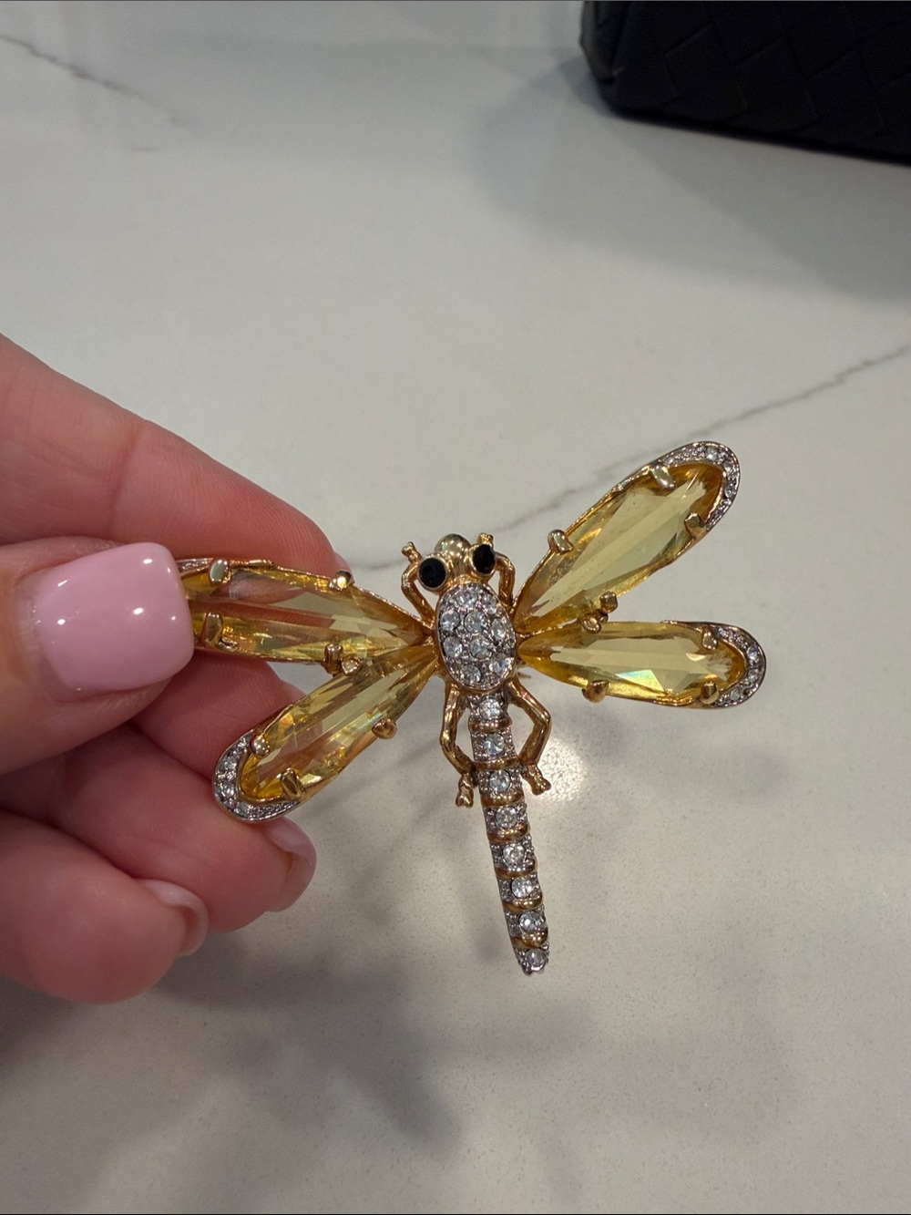 Gold Dragonfly Brooch with Yellow Crystal Wings